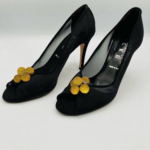 Something Bleu Black Mesh Gold Yellow Ball Pump Heels Peep Toe Italy Size 7 - Picture 9 of 16